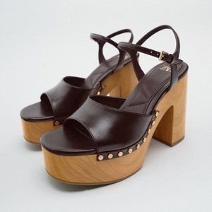 Zara Brown Leather and Wood Platform Sandal (Size 38 Euro/7.5 US)